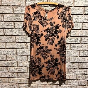 Piphany Womens Small Tan Black Floral Short Sleeve Tunic Scoop Neck Top USA